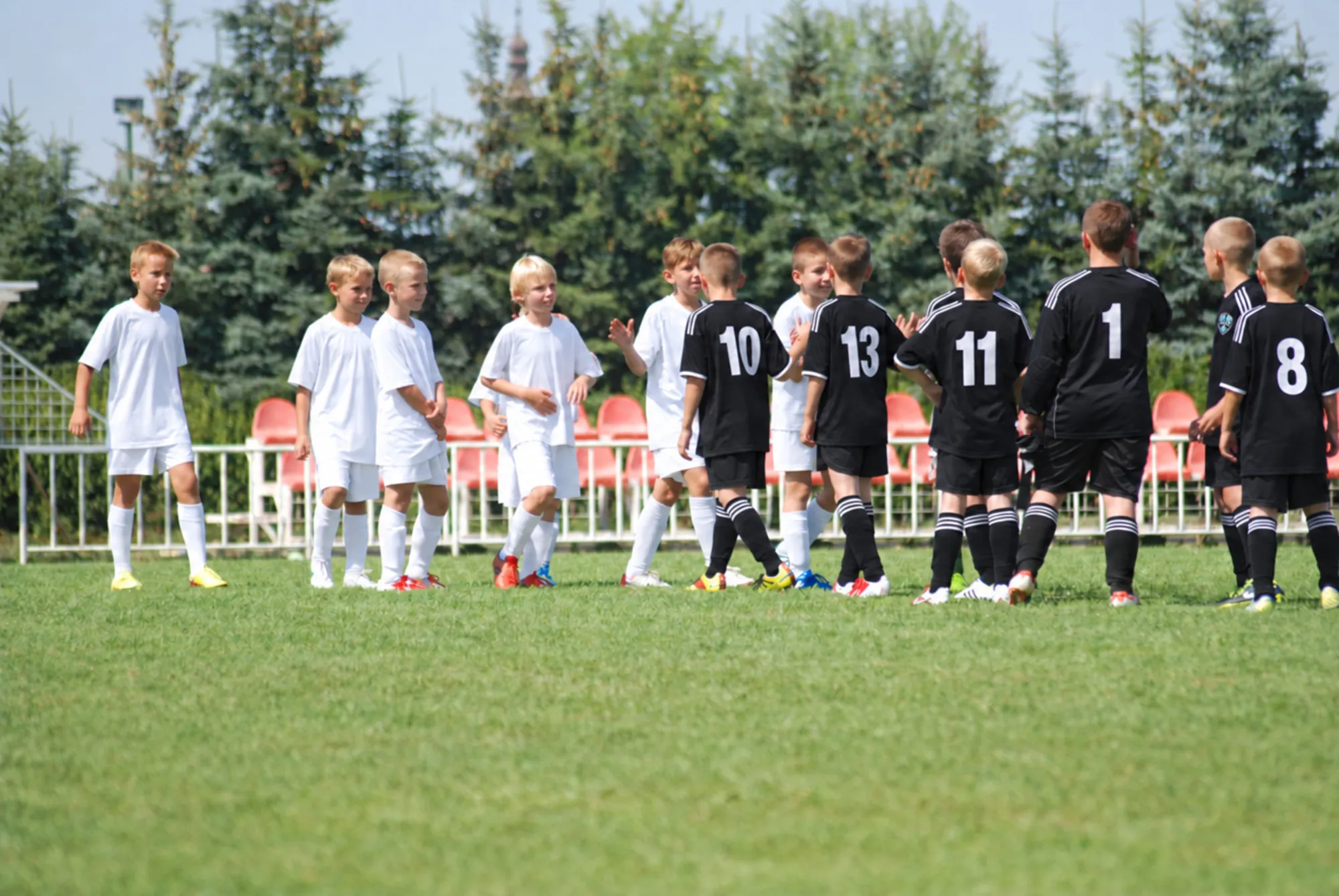 Young soccer players shaking hands before a game